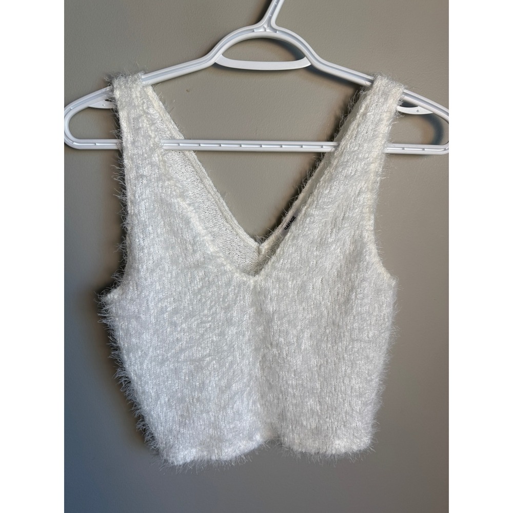 Garage Womens White Fuzzy Knit V-Neck Cropped Tank Top M Y2K Coquette Chic